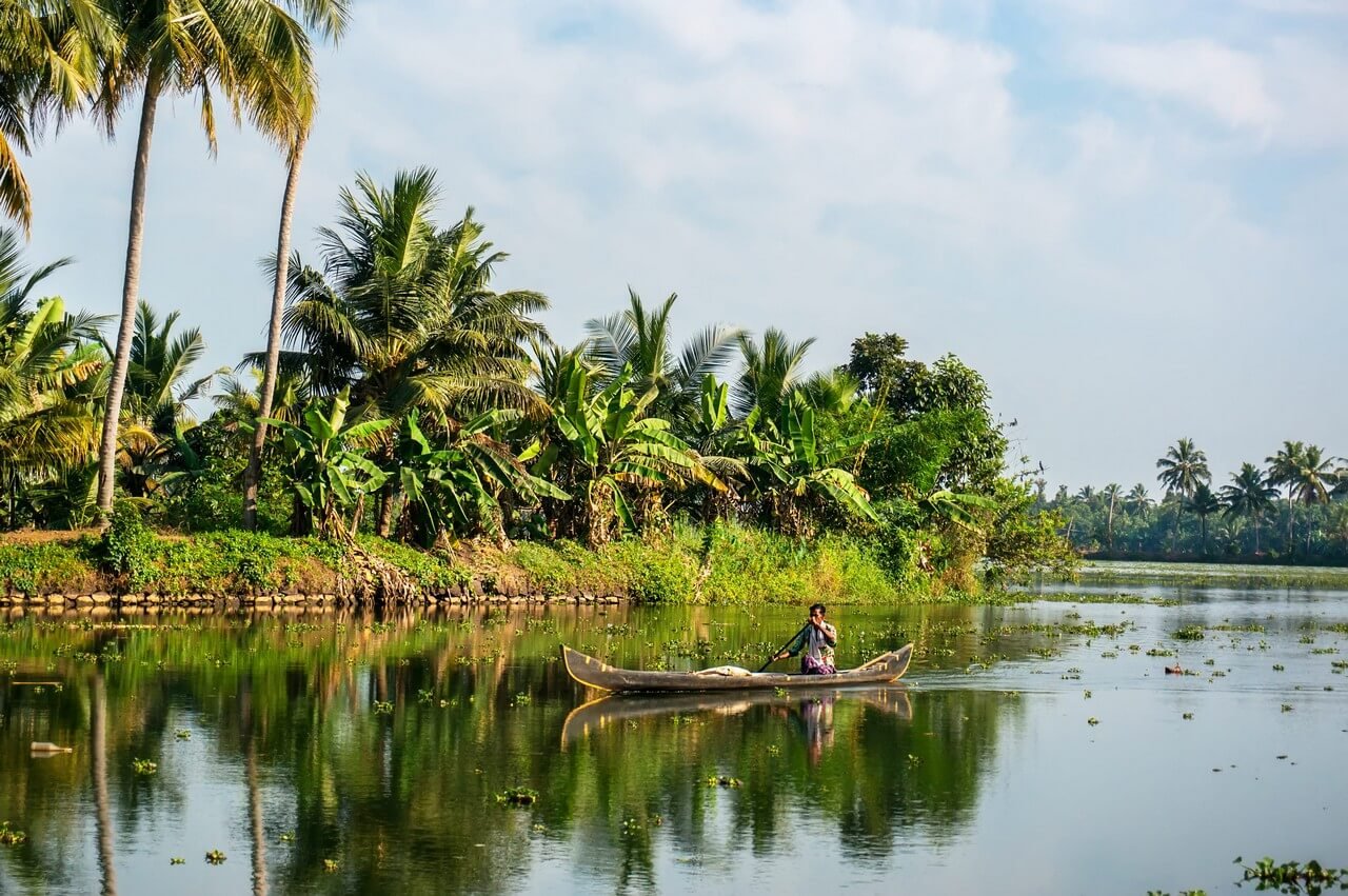 alleppey-alappuzha-india-man-driving-slick-fishing-boat-backwaters-kerala-having-lush-green-palm-trees-background-Kerala Backwaters Travel Guide